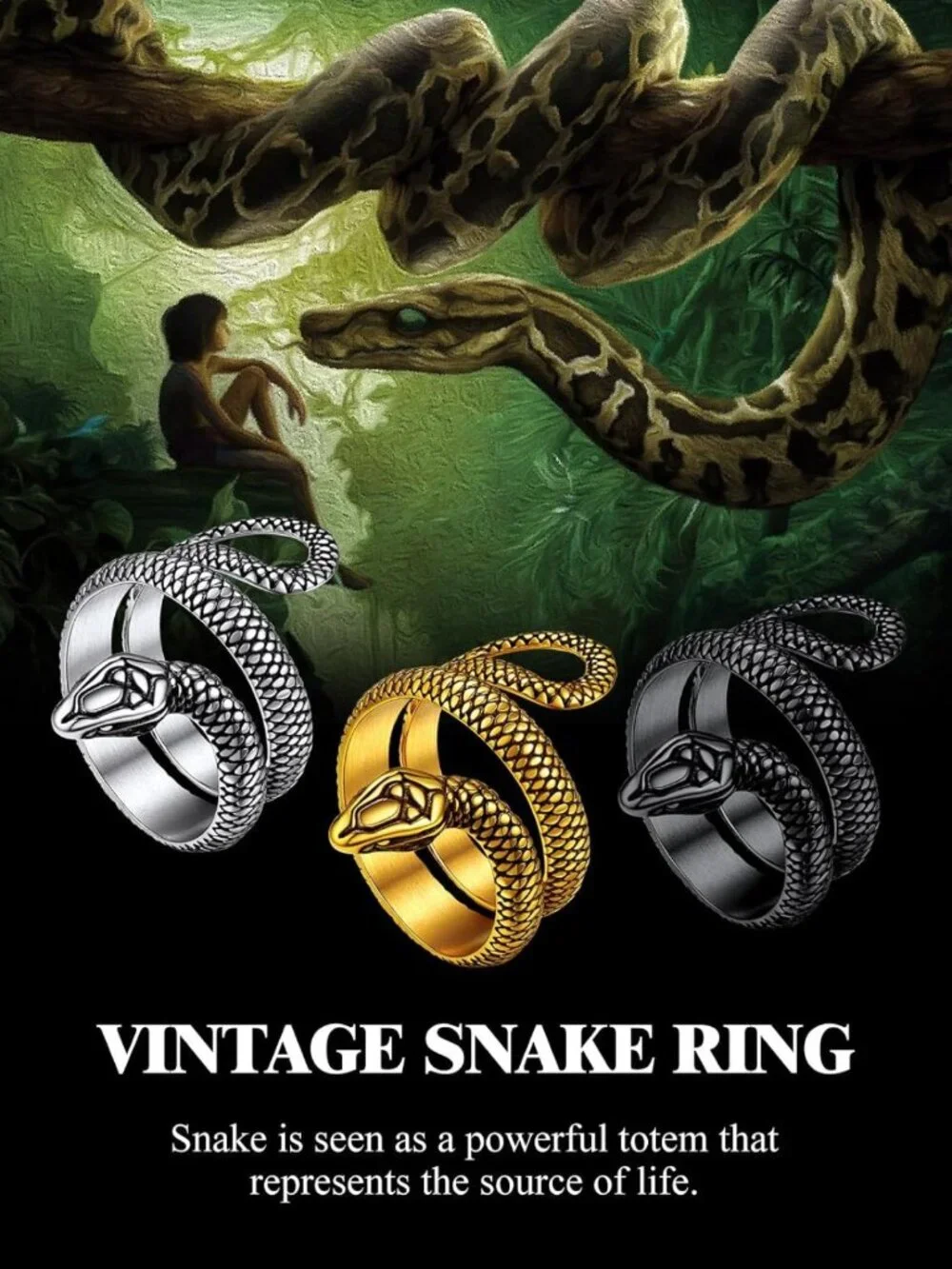 Stylish Black Snake Ring for Men & Women - Stainless Steel & 18K Gold Plated